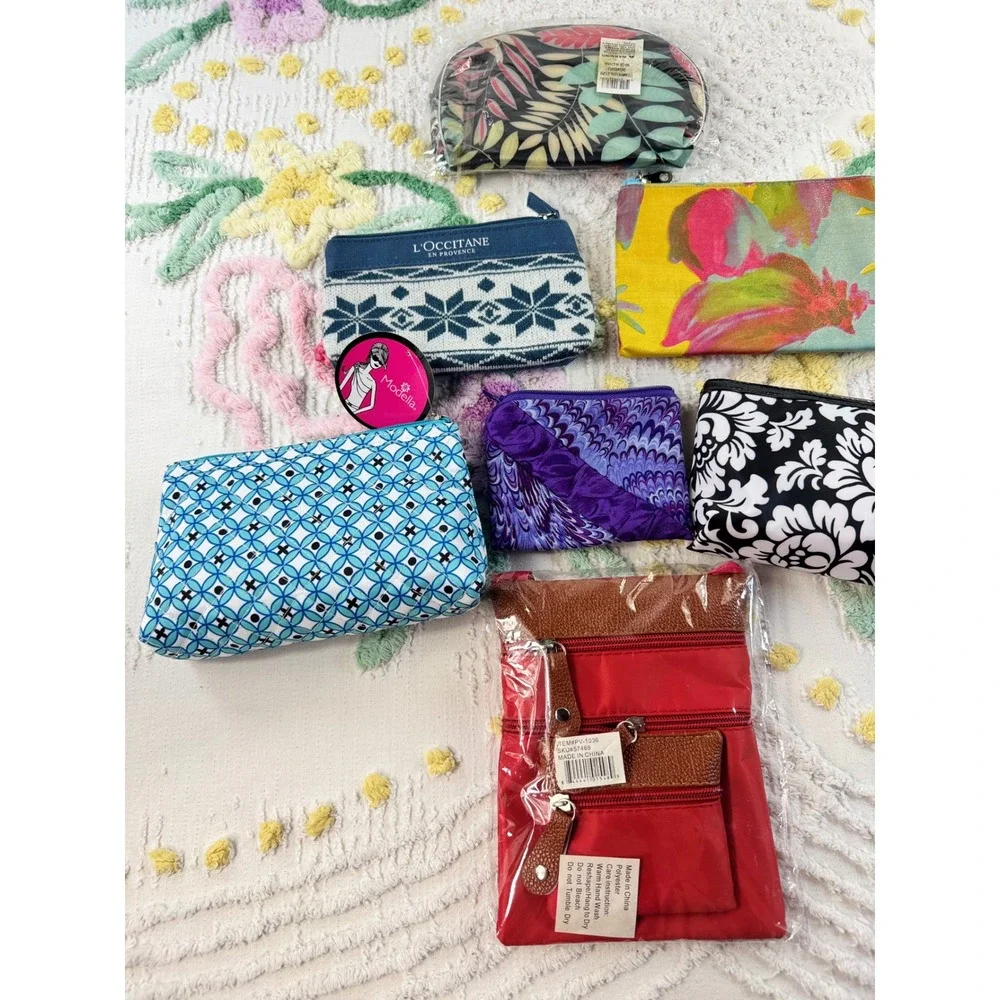 Lot of 7 Cosmetic Bags Travel Pouches L'Occitane Modella Floral Geometric Red